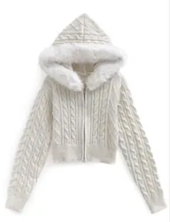 グレイル ファーフードダブルジップケーブルニットカーディガン mb1601