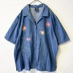 希少✨Allison Daley【16W】花柄刺繍 デニム　半袖シャツ　ゆったり