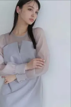 シースルー袖グレーマキシドレス