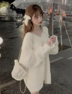 ホワイトファー風ニット Vネック 長袖 SHEIN 42517353