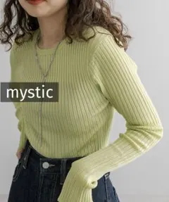 k0571 mystic シャイニークルーリブニット ライムグリーン