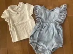 ベビーギャップ フリル付き デニム風ロンパース 白半袖カットソー 12-18M