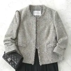 トゥモローランド【定番】ツイード フリンジ ノーカラージャケット グレー 36