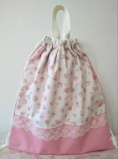 いちご　ナップサック　体操服袋　お着替え袋　大きめ　レース　白