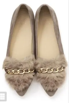 【新品未使用】ファー付きポインテッドトゥフラットシューズ グレー
