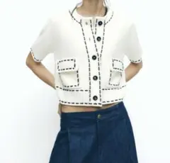 ZARA 新品未使用タグ付き　ホワイト 半袖カーディガン ボタン付き
