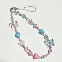 ビーズストラップ　ブルー　ピンク