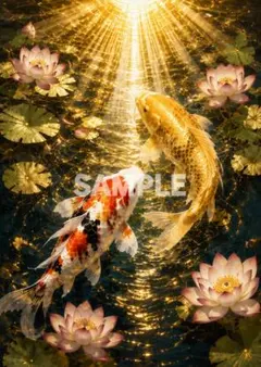 1160 大正三色×黄金鯉 蓮の開運アート 2L判 金運・幸運・繁栄 縁起物