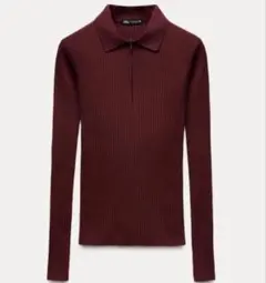 ZARA バーガンディ リブ編みポロネックロングニット