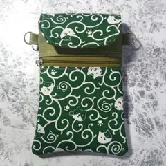 スマホショルダーバッグ☆スマホポーチ☆猫柄☆緑