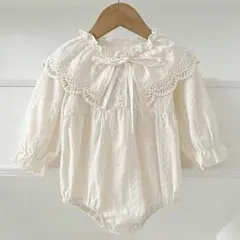 ベビーロンパース レース襟 長袖 ホワイト 80cm カバーオール　ベビードレス