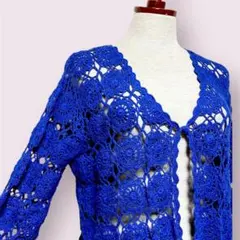 vintageヴィンテージカーディガンかぎ針編みクロッシェ青レトロUSA海外古着
