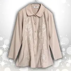 美品 ボタニカル 刺繍　ブラウス　シャツ　ベージュ　フリー　長袖　上品　アジアン