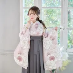 新品袴4点セット 卒業式 小学生 大学生 グレー ピンク 牡丹 80GR