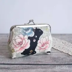 角型がま口ポーチ*黒猫と牡丹B