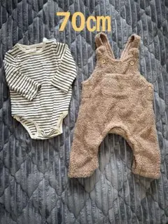 【美品】petit main ストライプロンパースとカバーオールセット 70