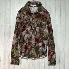 長袖シャツ　ブラウン【L】　花柄　コーデュロイ　襟にワイヤー