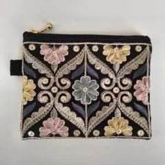 ペンケース　ポーチ　インド刺繍リボン　ブラック　メルヘン　合皮　No.147 ペンケース ポーチ インド刺繍リボン ブラック メルヘン 合皮 No.147