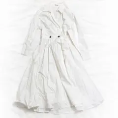 ウエストギャザー シャツワンピース ホワイト ロングワンピ フレア 長袖