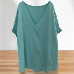 シーイン Tシャツ Vネック ロールアップ 半袖 無地 青 ビッグサイズのサムネイル