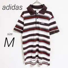 良品✨アディダス （M）半袖 ポロシャツ 太ストライプ 白×茶×赤 ロゴ刺繍
