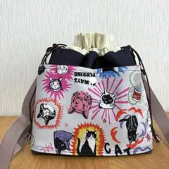 【猫柄×デニム】巾着バッグ✳︎ショルダーバッグ✳︎サコッシュ✳︎ポーチ【大容量】
