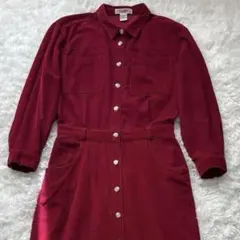 バーガンディ 長袖 シャツワンピース　シャツワンピース　ロングワンピース
