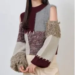 【MURUA】マテリアルMIXショルダーオープンニット