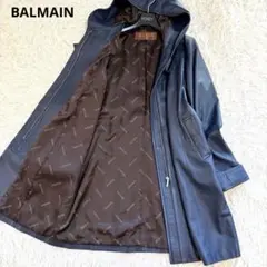 美品　バルマンBALMAIN フード付きラムレザー羊革ロングコート　ベルト　L