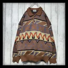【VINTAGE☆総柄ニットポロ】セーター☆ネイティブ柄☆ブラウン系　L