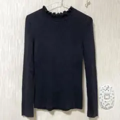 ハイネックリブフリルネックセーターニットブラック可愛い清楚ガーリー韓国キッズ女子