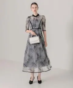 Leja配色パイピングプチハイネック花柄刺繍ラメレースロング丈ドレスワンピースS