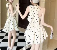 【極美品】ワンホン韓国ドット ホワイト 白 バックリボン付 キャバドレス 結婚式