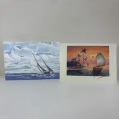 ポストカード 2枚セット 海 ヨット 夕暮れ 風景 絵画風 アート 絵葉書