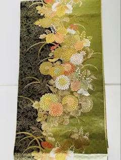 正絹豪華な袋帯 緑と金糸の花柄刺繍