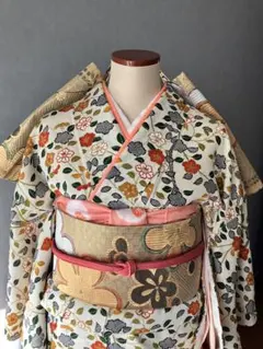 キーカラーはグリーン！しつけ糸付き新品正絹枝椿柄小紋+美品袋帯セット卒業袴にも