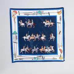 シルク素材 スカーフ ハンカチ 馬柄 ネイビー系 約55cm 正方形 アクセント