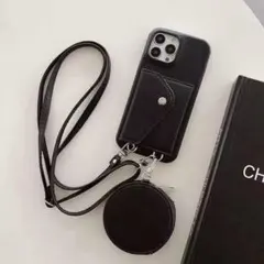 ブラック iPhone14 pro maxケース ストラップ付き