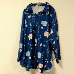 シーイン 花柄 襟付 長袖 裾フリル チュニック 青 ゆったり ビッグサイズのサムネイル