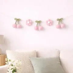 さくらんぼ×お花ガーランド ナチュラルインテリア ベビーピンク 壁飾りオーダー可