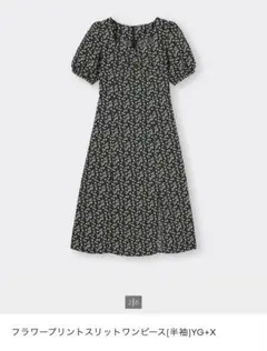 GU フラワープリントスリットワンピース (ブラック)