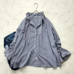 IENA イエナ ストライプ フリルブラウス リボン 貝ボタン コットン F 