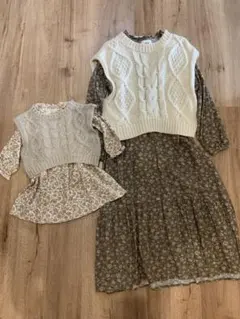 petit main リアン　親子リンクコーデ　ワンピースニットベスト4点セット