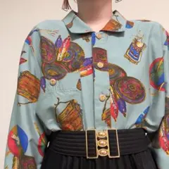 グリーン系 アート柄 エスニック 総柄シャツ 長袖 個性派 レトロ レーヨン混のサムネイル