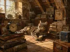 キジトラ猫が古い本と時計に囲まれ横たわる温かな光の油彩風イラスト作品 d105