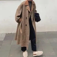 スエードカラー チェック ロングコート