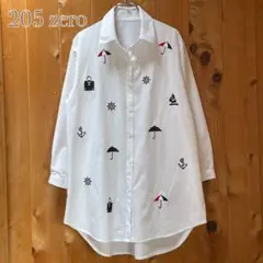 【205 zero】刺繍デザイン ホワイトロングシャツ M〜L コットン100％