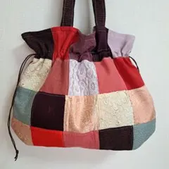 着物リメイクバック　巾着トートバック　パッチワーク　ハンドメイド　鮫小紋