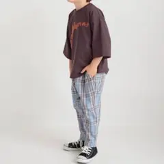 ブランシェス　チェック　テーパードパンツ　ブルー　100 リンクコーデ