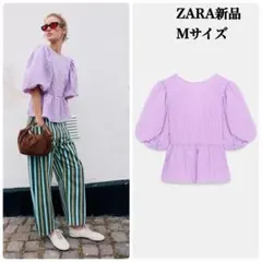 完売品 ZARA リボン付きストライプ柄パフスリーブブラウスMサイズ新品タグ付